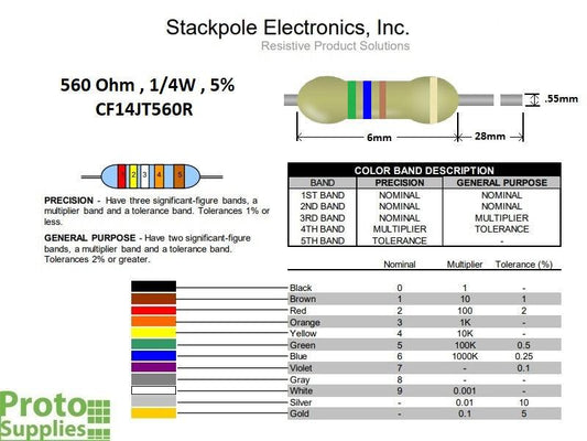 Resistor 560 Ohm 5% 1/4W (25-Pack)