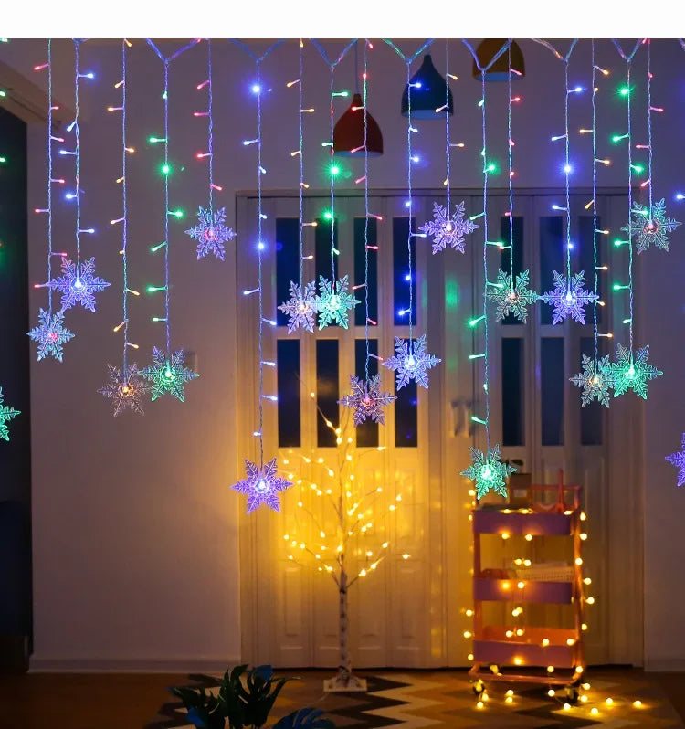 Christmas Holiday LED Snowflakes Flashing Fairy Curtain Lights 32M Waterproof String Lights for Xmas Party Wedding Decoration