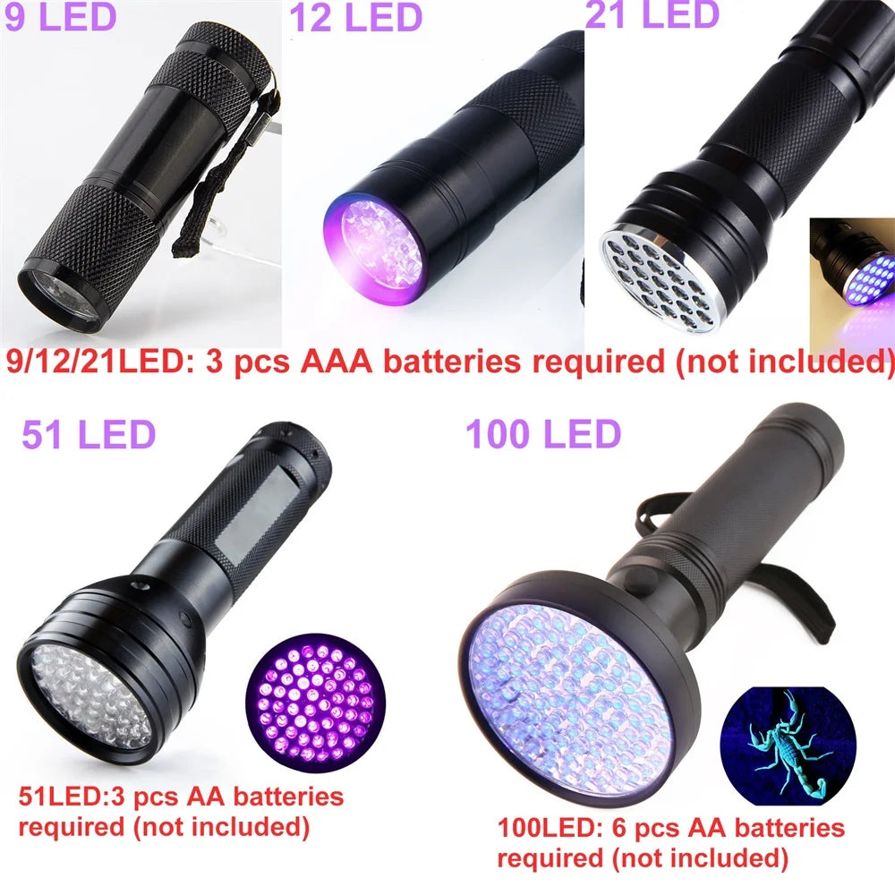9-128 LED Ultraviolet Blacklight UV Light Lamp Detector for Dog Urine Stains Outdoor Waterproof 9-100 LED UV Flashlight Camping