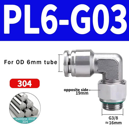PL-G 304 Stainless Steel Pneumatic Elbow Fitting 1/8 1/4 3/8 1/2 External G Thread Quick Coupling Joint
