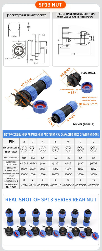 SP Series IP68 Waterproof Aviation Connector SP13 SP16 SP17 SP20 SP21 2-12Pin Panel Mount Plug and Socket