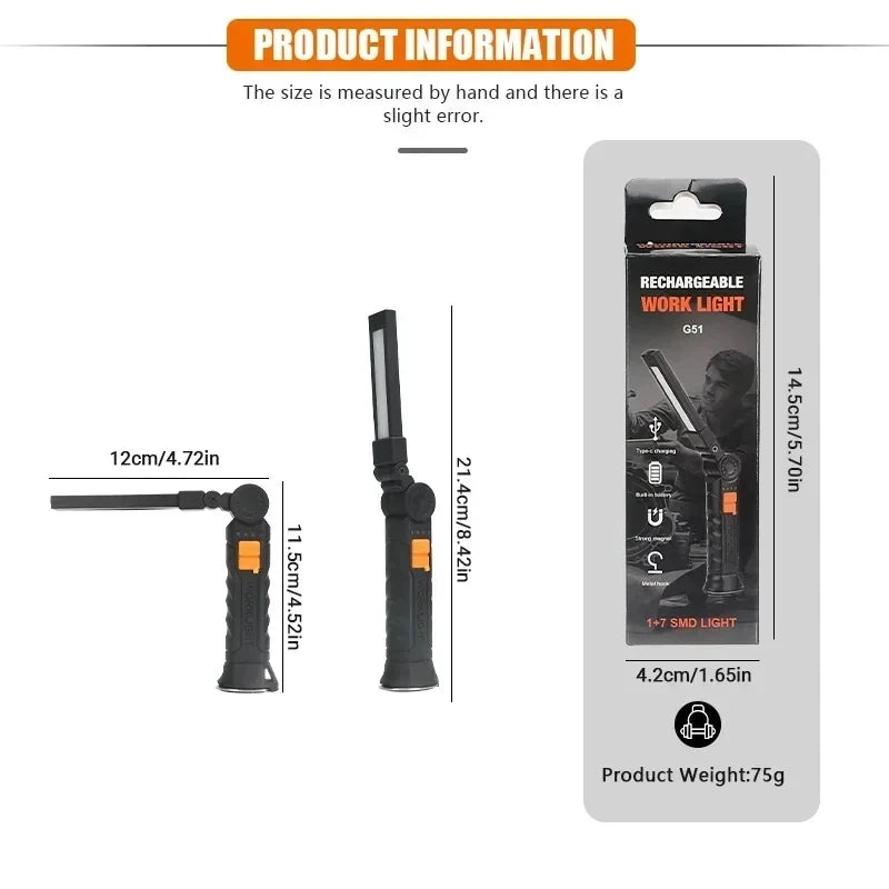 Folding COB XPE LED Work Light Rechargeable Magnetic Flashlight