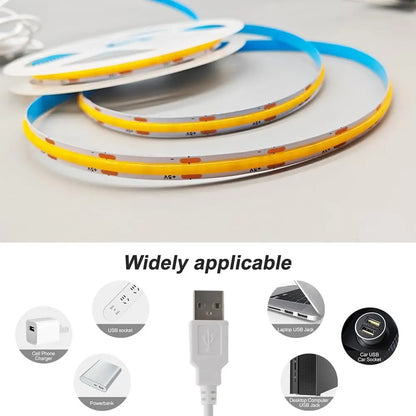 USB COB LED Strip Light 5V with Dimmer Flexible Backlight White/Warm White