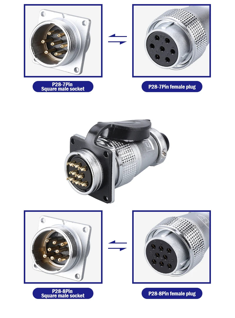 P28 Aviation Connector Square Flange Socket Male Female Circular Butt Joint 2/3/4/5/7/10/12/14/16/19/20/24 Pin P28K2Q PLS28