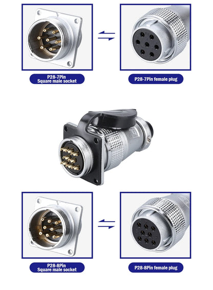 P28 Aviation Connector Square Flange Socket Male Female Circular Butt Joint 2/3/4/5/7/10/12/14/16/19/20/24 Pin P28K2Q PLS28