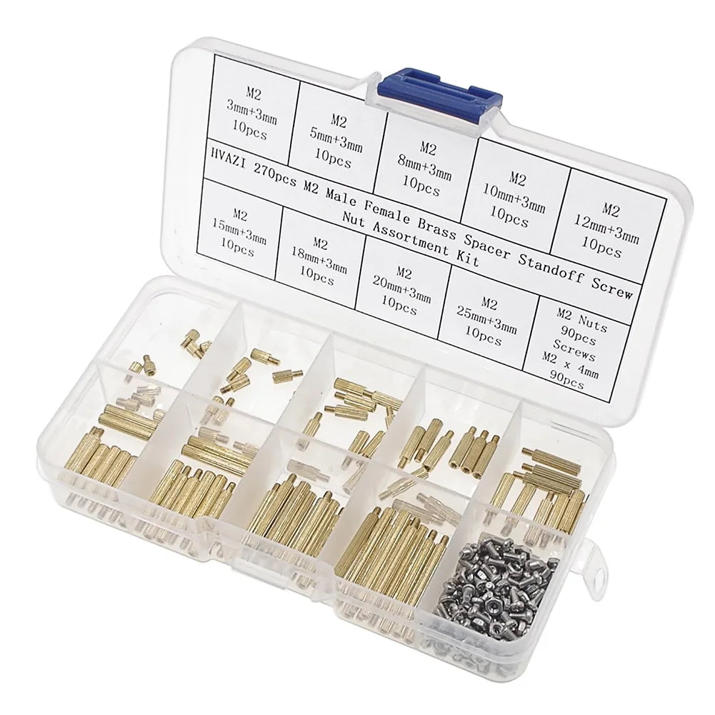 M2 Spacer Assortment Screw &amp; Nut Set 270pcs — Clear Storage Box for Electronics Assembly
