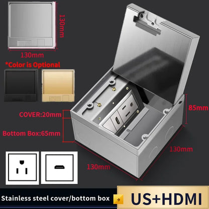 Hidden Floor Socket with USB Charging Ports 304 Stainless Steel Underground Power Outlet EU FR BR IL IT Standard 130×130mm