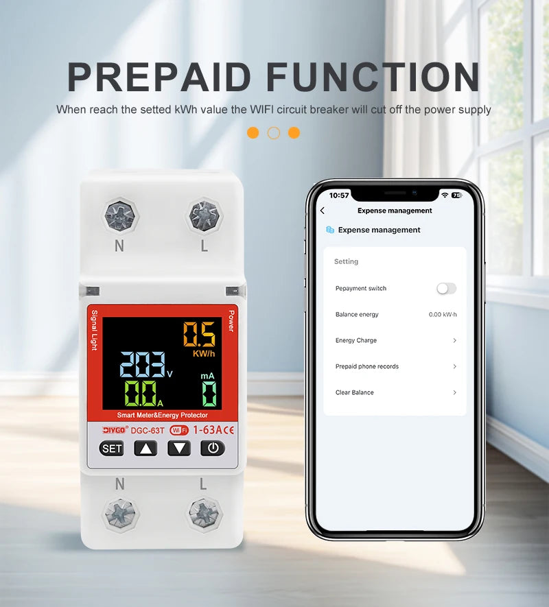 2P WiFi Smart Circuit Breaker DGC-63T, Remote Control 1-63A Adjustable Switch, Timer, Voltage, Current, Temperature, Leakage Protection