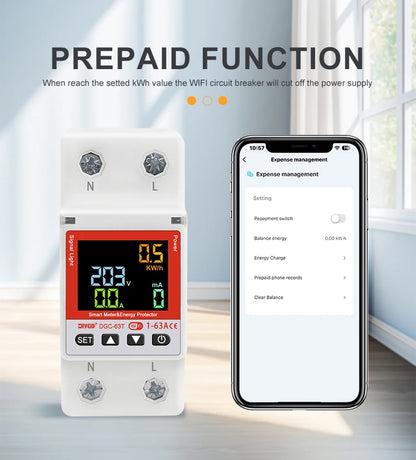 2P WiFi Smart Circuit Breaker DGC-63T, Remote Control 1-63A Adjustable Switch, Timer, Voltage, Current, Temperature, Leakage Protection