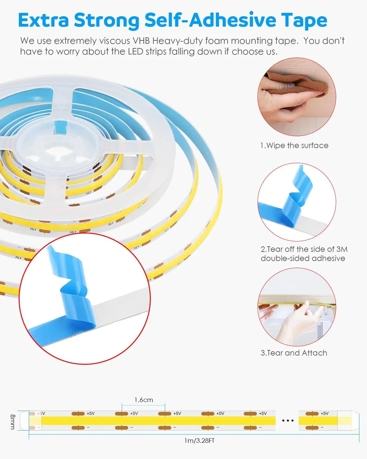 USB COB LED Strip Light 5V 320LED High Density Flexible Tape 1-5M