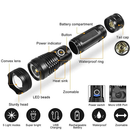 10000LM LED Flashlight Rechargeable Zoom Tactical Torch