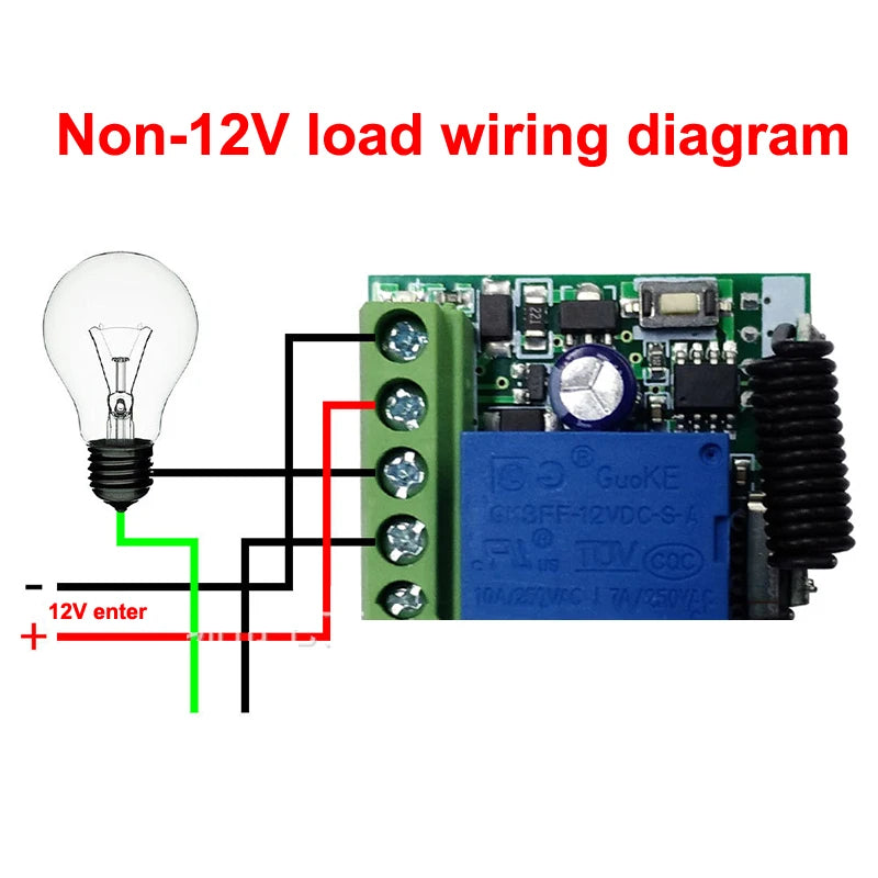 DC 12V 10A RF Relay Receiver 433mhz Wireless Remote Control EV1527 Learning Code Transmitter 2 bottons