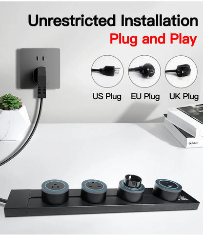 Wall-Mounted Power Track Outlet Rail Modular Sliding Socket Strip with USB-C US EU UK Adapters Grey Black for Office Home