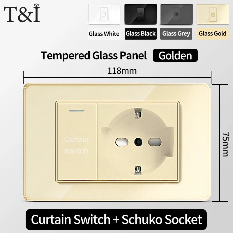 118-Style EU/CL Dual Socket with USB-C PD 20W Tempered Glass Italy & Chile Outlet for Home Office