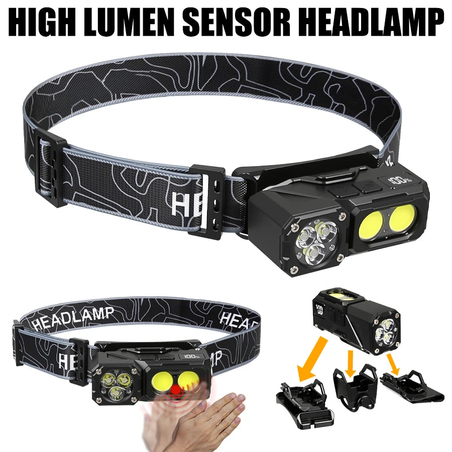 Sensor Headlamp with Hat Clip Type-C Rechargeable LED Headlight