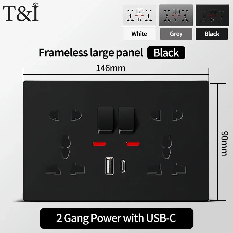 Universal Wall Socket 2-Gang Power Outlet with Switches, USB-C Charging Port, LED Indicator, Flush Mount, AC 110-250V