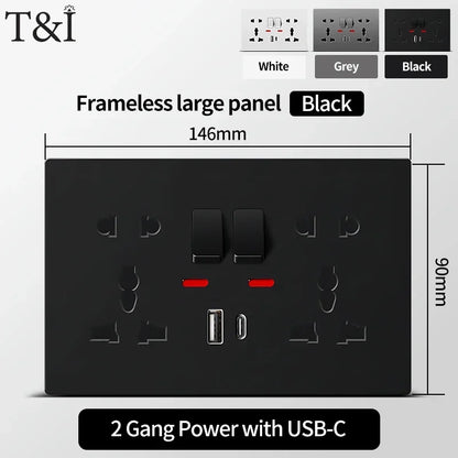 Universal Wall Socket 2-Gang Power Outlet with Switches, USB-C Charging Port, LED Indicator, Flush Mount, AC 110-250V