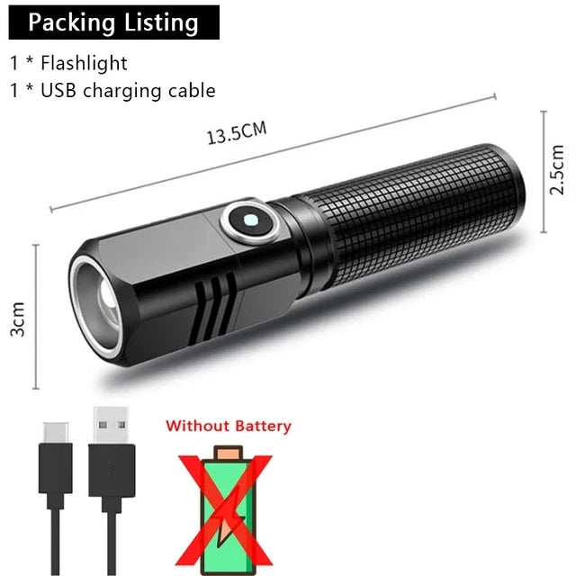 Super Bright Mini LED Flashlight USB Rechargeable Zoom Tactical Flashlight 3 Lighting Mode Outdoor Camping Fishing Torch