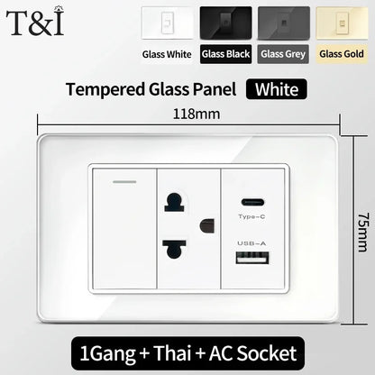 118x75mm Tempered Glass US Thai Socket Dual USB-C Ports 2 AC Outlets 110V Scratch-Resistant Panel