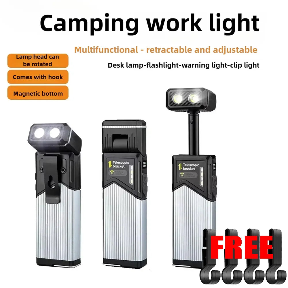 Portable Telescopic LED Work Light with Magnetic/Clip C Rechargeable Auto Repair Flashlight Red White Side Light Outdoor Camping
