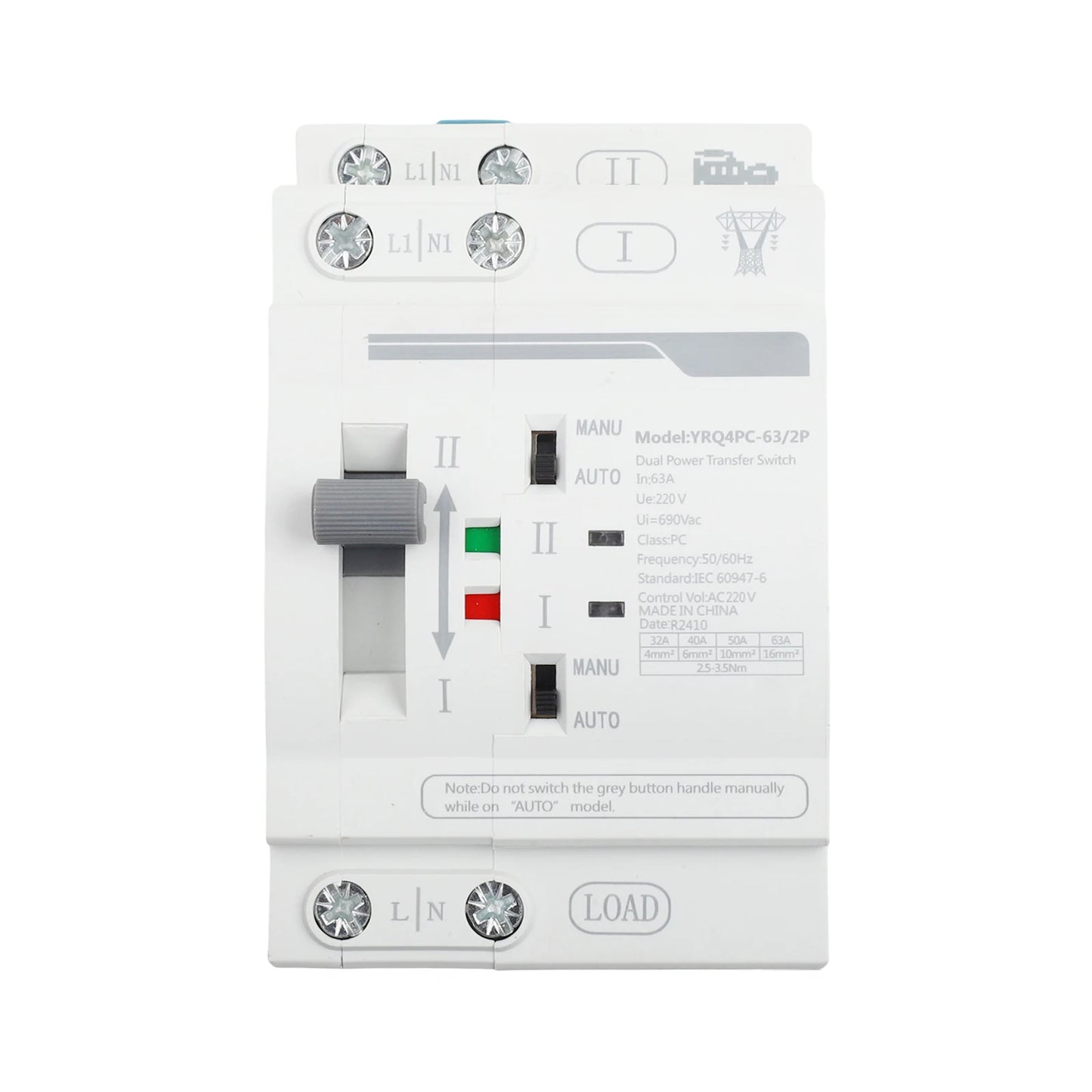 Dual Power Electrical Transfer Switch for ATS 2P 63A 220V Designed for Generator Use to Automatically Manage Power Sources