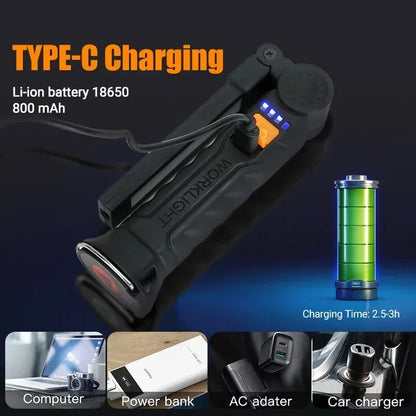 High Power LED Work Light 5 Lighting Mode Rechargeable Flashlight Inspection Lamp with Magnetic Power Bank 18650 Battery Torch
