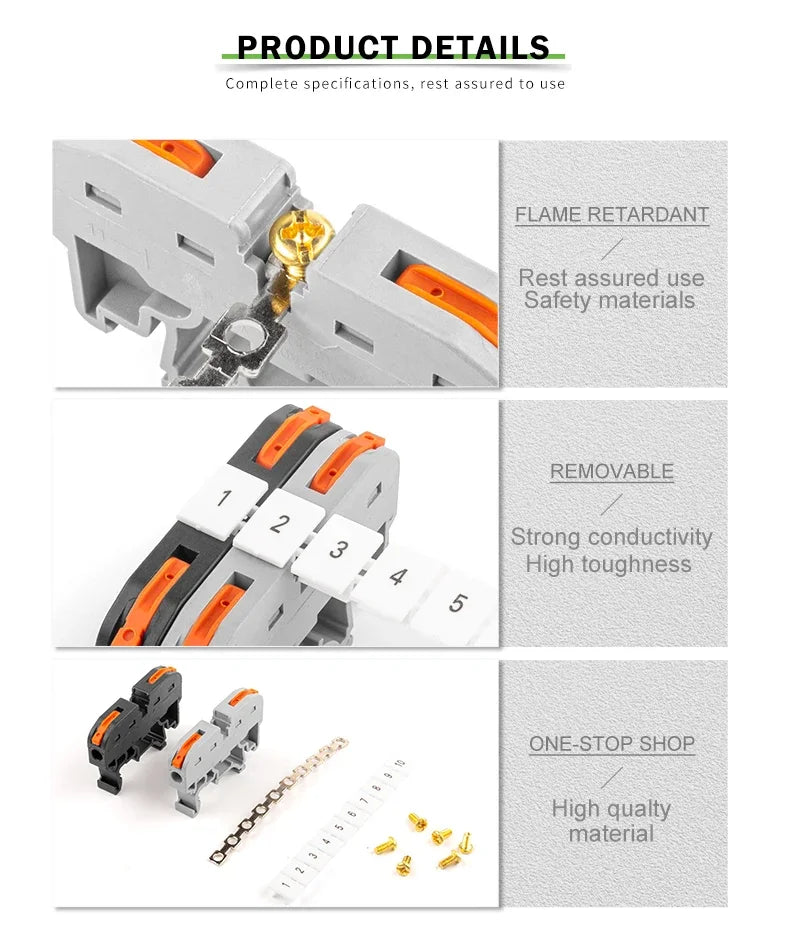 10PCS Din Rail Terminal Block 211 Wire Electrical Conductor Universal Fast Cable Connector with Number Strip Set