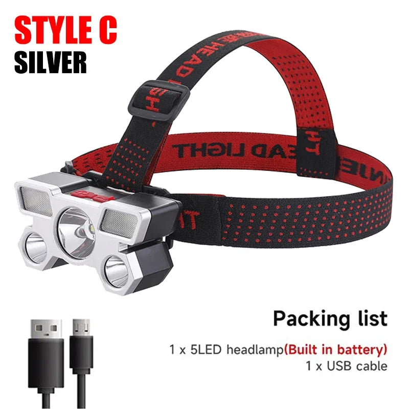 5 LED Rechargeable Headlamp with 18650 Battery Strong Light Headlight