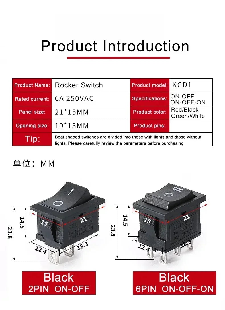 KCD1 Snap-In Boat Rocker Switch SPST ON-OFF 2/3/4 Pin 250V 6A 125V 10A 2P Toggle Power