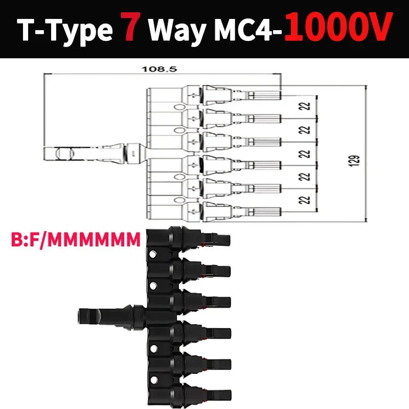 PV T Branch Photovoltaic Solar Connector 1000V 30A Male Female 1 to 2 3 4 5 6 PV Plug 2 3 4 5 6IN 1OUT Adapter