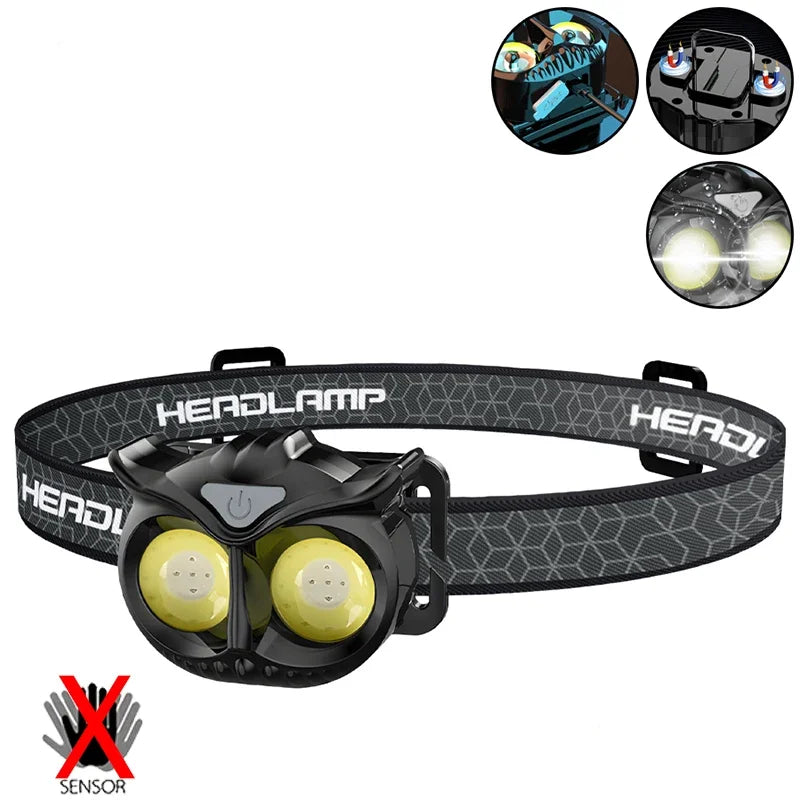 COB Owl Mini Headlamp Type-C Charge Headlight Portable Hunting Strong Magnet LED Flashlight Camping HeadLamp with Hanging Hook