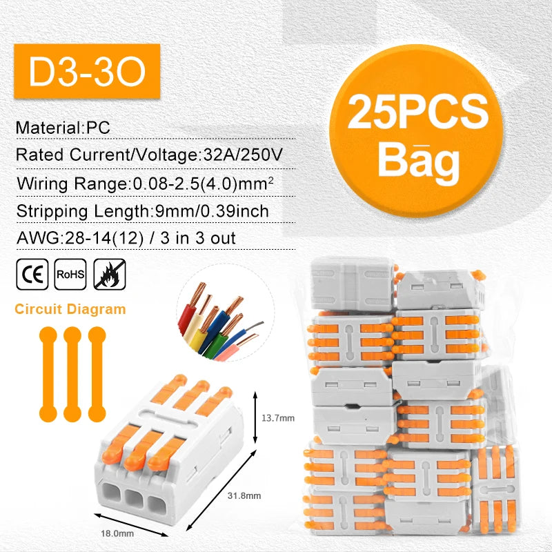 Quick Electrical Lever Wire Connectors, 2 Port Cable Spring Splice, Universal Compact Clamp Mini Wiring Terminal Connector