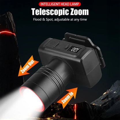 LED Rechargeable Headlight with Display Screen Adjustable Zoom Work Light