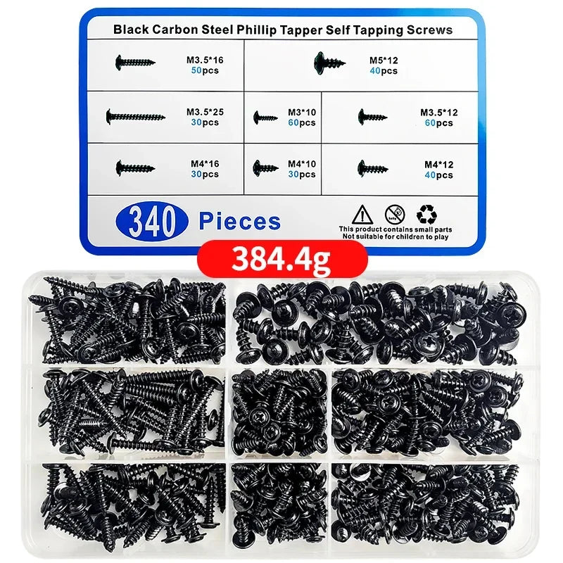 PWA Cross Self-Tapping Black Screw M3 M3.5 M4 M4.8 Carbon Steel Round Pan Head Tapping Screw with Washer Assortment Kit