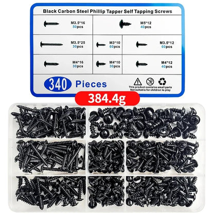 PWA Cross Self-Tapping Black Screw M3 M3.5 M4 M4.8 Carbon Steel Round Pan Head Tapping Screw with Washer Assortment Kit