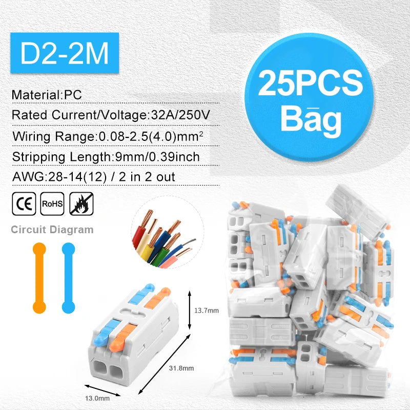 Quick Electrical Lever Wire Connectors, 2 Port Cable Spring Splice, Universal Compact Clamp Mini Wiring Terminal Connector