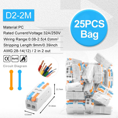Quick Electrical Lever Wire Connectors, 2 Port Cable Spring Splice, Universal Compact Clamp Mini Wiring Terminal Connector