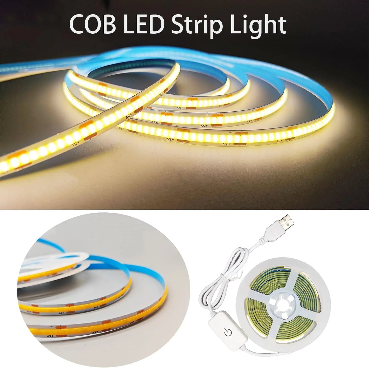USB 5V LED Strip Light COB Touch Dimmer Control Lamp High Density RA90 Flexible Tape Lights 320Leds/m For Home Cabinet Decor