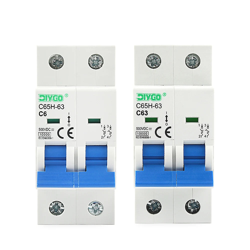 2P DC MCB 6KA 500V Solar Mini Circuit Breaker, 6A–63A for PV System, Battery Main Switch