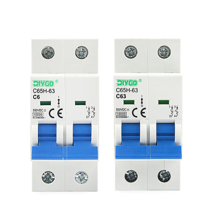 2P DC MCB 6KA 500V Solar Mini Circuit Breaker, 6A–63A for PV System, Battery Main Switch