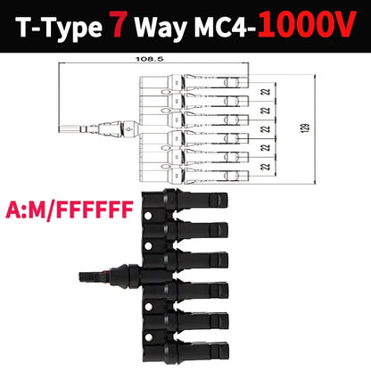 PV T Branch Photovoltaic Solar Connector 1000V 30A Male Female 1 to 2 3 4 5 6 PV Plug 2 3 4 5 6IN 1OUT Adapter