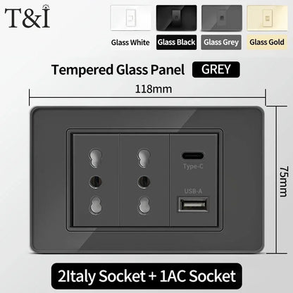 T&I Wall Switch Socket with USB-C Fast Charging Italy & Chile Schuko Outlet Tempered Glass Panel