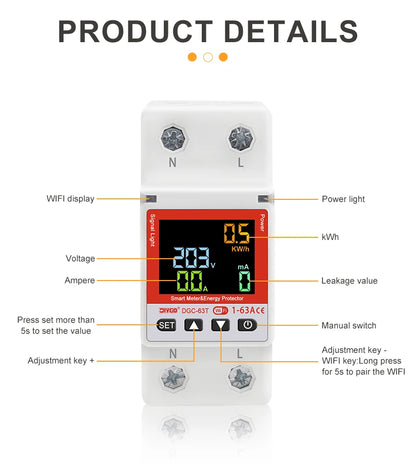 2P WiFi Smart Circuit Breaker DGC-63T, Remote Control 1-63A Adjustable Switch, Timer, Voltage, Current, Temperature, Leakage Protection