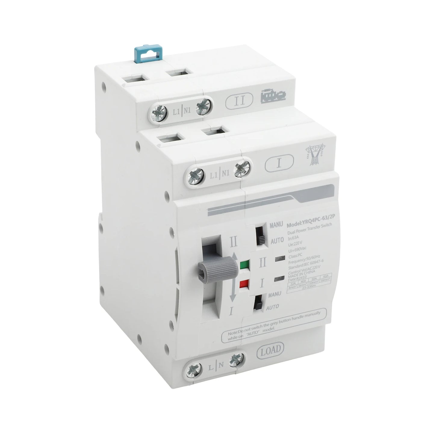 Dual Power Electrical Transfer Switch for ATS 2P 63A 220V Designed for Generator Use to Automatically Manage Power Sources