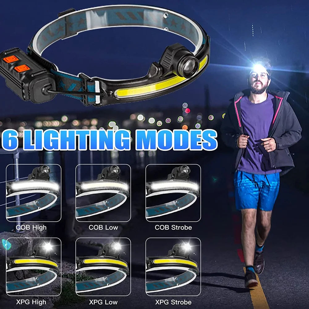 XPG+COB Zoom Induction Headlamp USB Rechargeable with 18650 Built-in Battery LED Head Torch Outdoor Camping Fishing Headlight