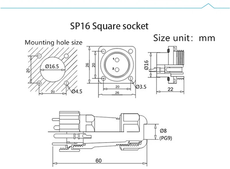SP16 Square Waterproof Connector Plug Socket 2-9 Pin IP68 Aviation Male Female Electrical Wire Cable Connector