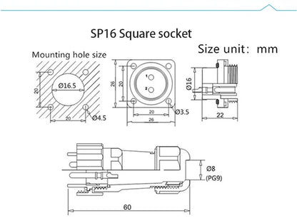 SP16 Square Waterproof Connector Plug Socket 2-9 Pin IP68 Aviation Male Female Electrical Wire Cable Connector