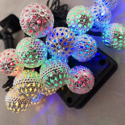 2026 Solar LED String Lights Outdoor Moroccan Iron Ball Lamp Silver Round Art Decor for Garden Patio
