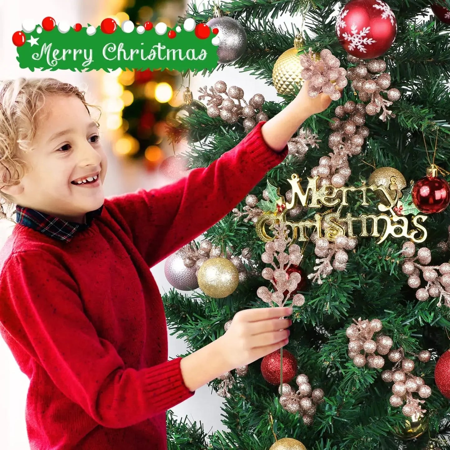 Christmas Artificial Berries Branch Glitter Red Holly Berry Flowers Bouquet Fake Plants New Year Party Festival Home Decoration