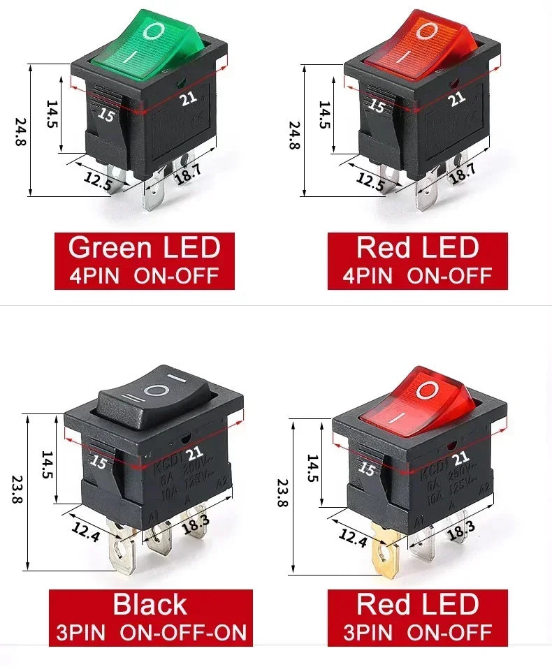 KCD1 Snap-In Boat Rocker Switch SPST ON-OFF 2/3/4 Pin 250V 6A 125V 10A 2P Toggle Power